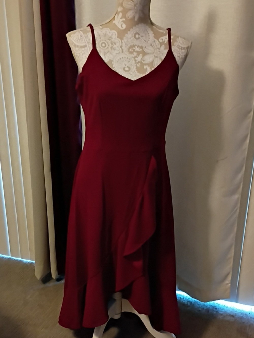 Sleeveless Burgundy Midi Dress with Asymmetric Ruffle